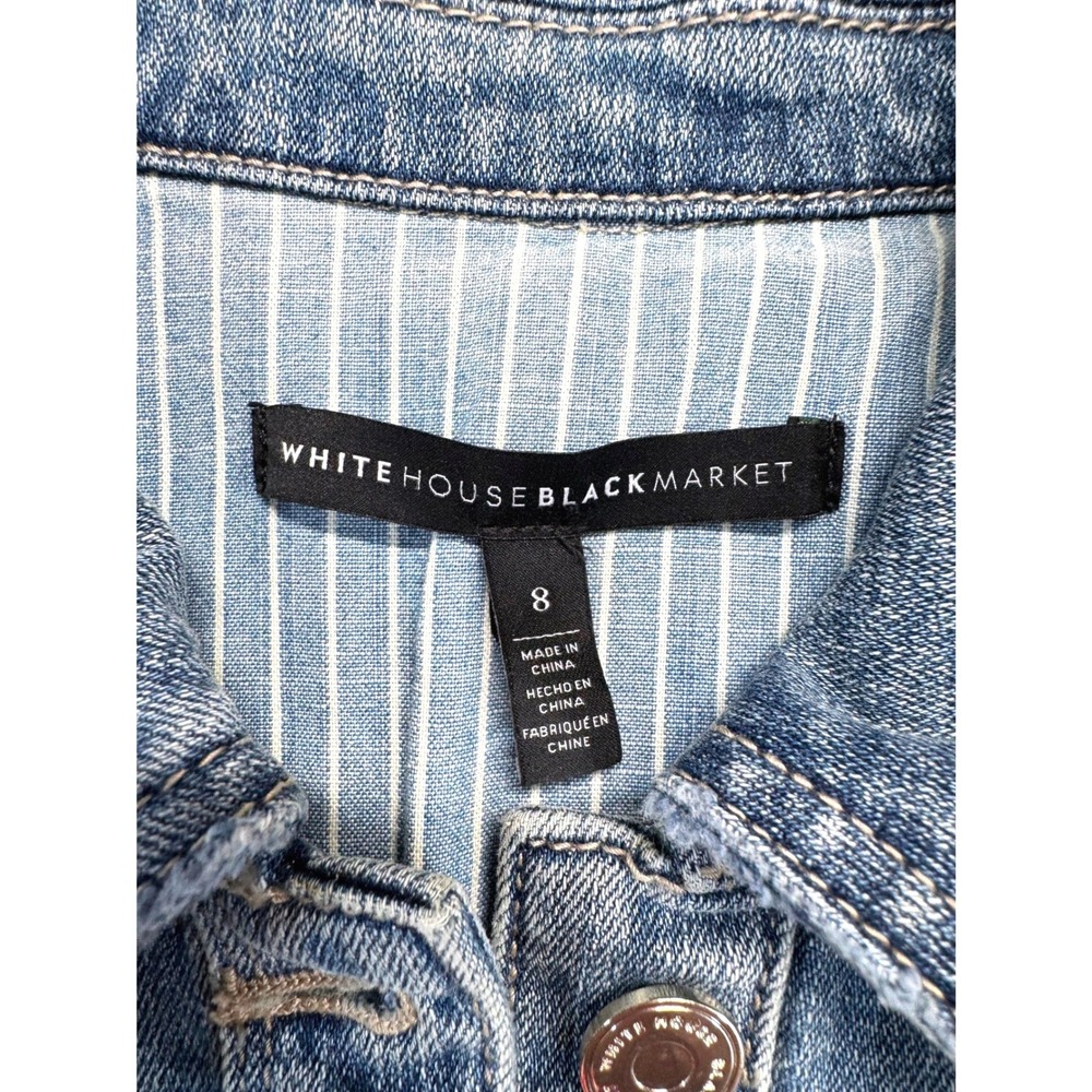 White House Black Market Distressed Denim Jacket Womens Sz 8 Stretch Jean Jacket - Picture 7 of 12